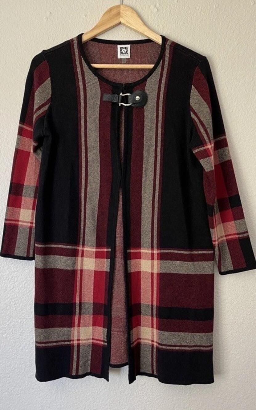Anne Klein Vintage Red Plaid Cardigan Sweater Women’s L Duster Warm Classy